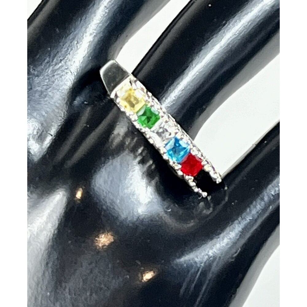 Silver Rainbow Colored Gem Stones Ring - CG Bar Top Ring Size 9